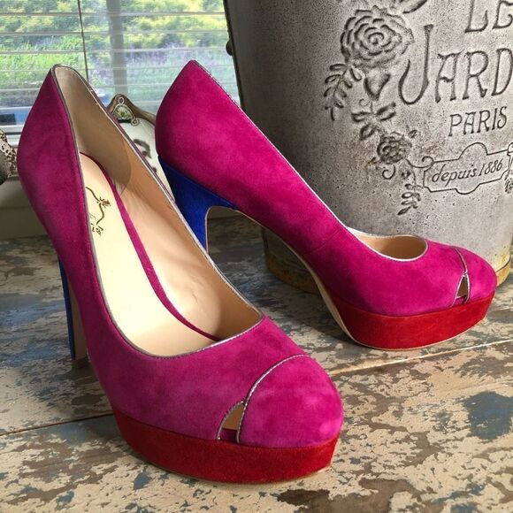 NEW Footcandy Crissy Fuchsia, Red & Blue Suede Barbiecore Y2K Platform Heels NIB - Picture 4 of 15